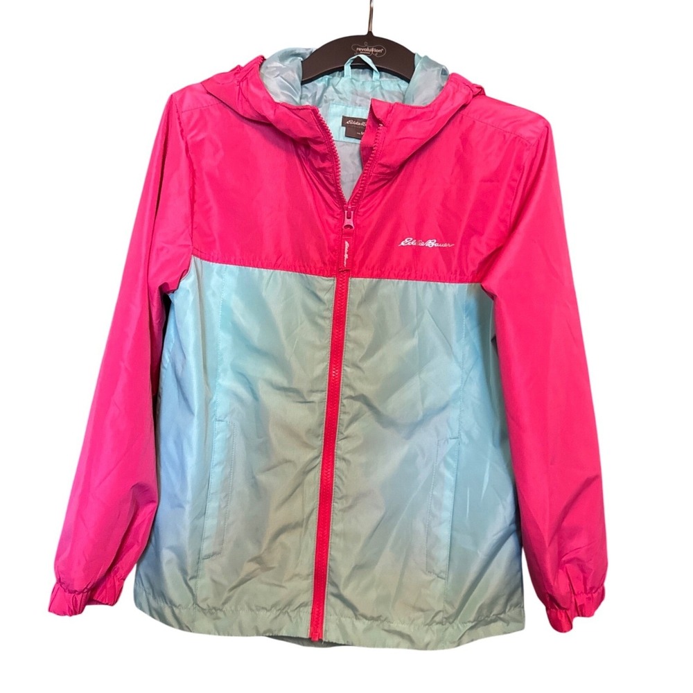 Eddie Bauer Kids Windbreaker Jacket Pink Teal Hooded Size M 10/12